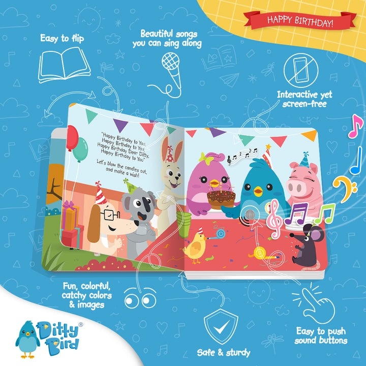 Ditty Bird Sound Book Happy Birthday USB-C Rechargeable; open colorful musical book with party animals and easy sound buttons