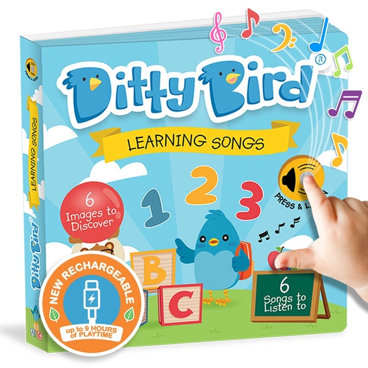 Ditty Bird Sound Book Learning Songs USB-C Rechargeable; blue bird cover, child presses play button.