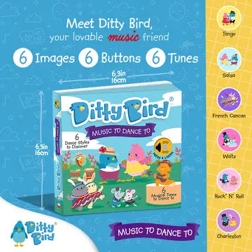 Ditty Bird Sound Book Music to Dance To USB-C Rechargeable, vibrant packaging shows six images and six buttons ready for play