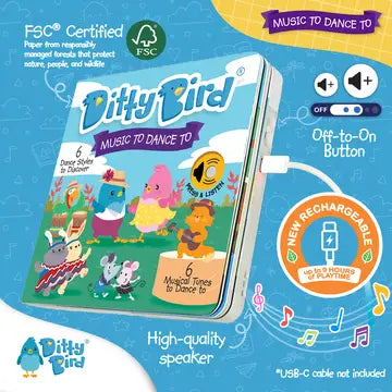 Ditty Bird Sound Book Music to dance to USB-C Rechargeable, where a child presses the on button as colorful characters dance to the music.
