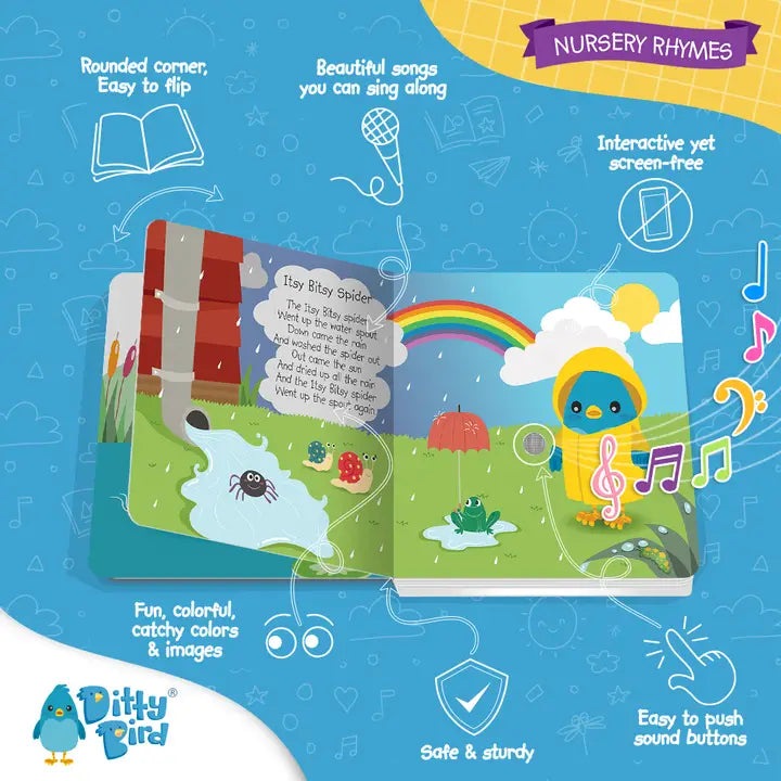 Ditty Bird Sound Book Nursery Rhymes USB-C Rechargeable-open pages show colorful creatures, rainbow, and music notes.