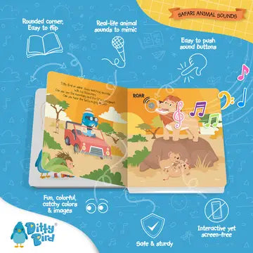 Ditty Bird Sound Book Safari Animal Sounds USB-C Rechargeable: child presses sound buttons on a colorful open book.
