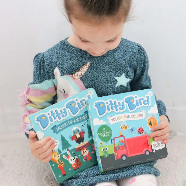 Ditty Bird Sound Book Touch the Colors USB-C Rechargeable; a child in a blue sweater holds two blue educational Ditty Bird books.