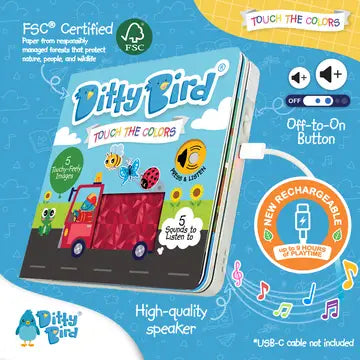 Ditty Bird Sound Book Touch the Colors USB-C Rechargeable; child taps vibrant pages as USB-C charges the built-in speaker.