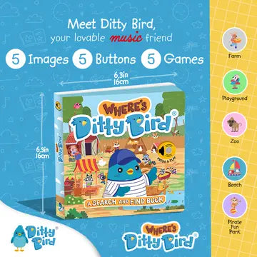 Ditty Bird Sound Book Where's Ditty Bird USB-C Rechargeable, a colorful boxed educational toy by D