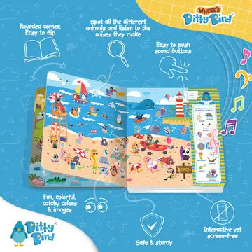Ditty Bird Sound Book Where's Ditty Bird USB-C Rechargeable opened to colorful, musical pages with interactive sound buttons.