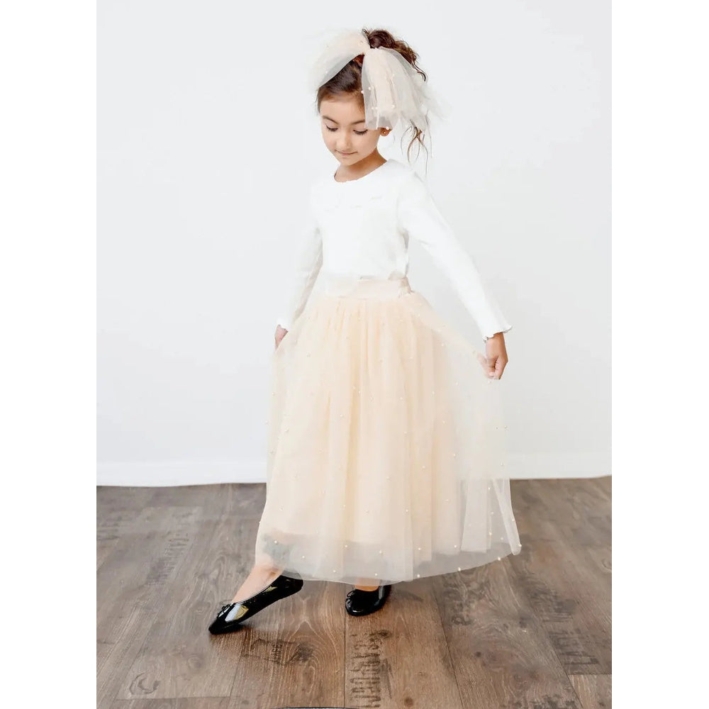 Dolly By Le Petit Pearl 2-Cute Tulle Dress Cream: girl in cream tulle skirt and white top twirls with headband
