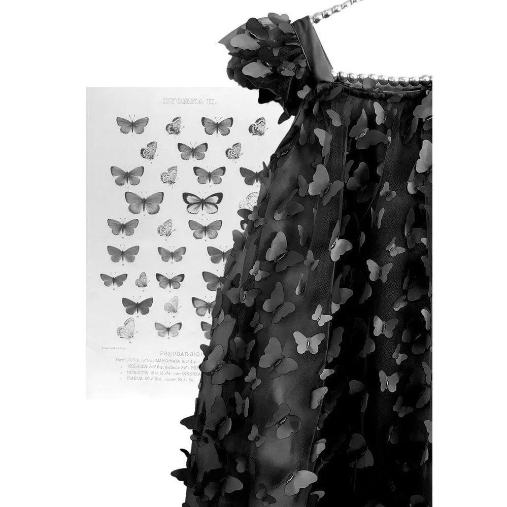 Dolly by Le Petit Tom Allover Butterflies Tutu Dress in black tulle with butterfly appliques and beaded straps.