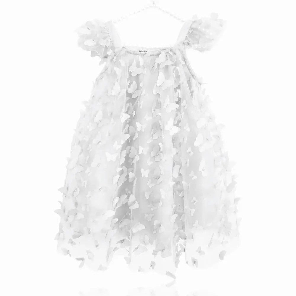 Dolly By Le Petit Tom Allover Butterflies Tutu Dress White with 3D butterfly appliques hanging on a decorative hanger