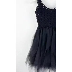 Dolly By Le Petit Tom crochet tutu dress seashells black with crochet bodice and tulle skirt hung on a hanger