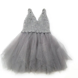Dolly By Le Petit Tom Crochet Tutu Dress V-Neck Silver Grey