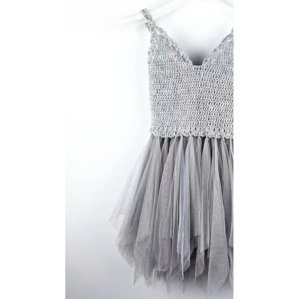 Dolly by Le Petit Tom Crochet Tutu Dress V-Neck Silver Grey on a hanger, crocheted bodice and layered tulle skirt.