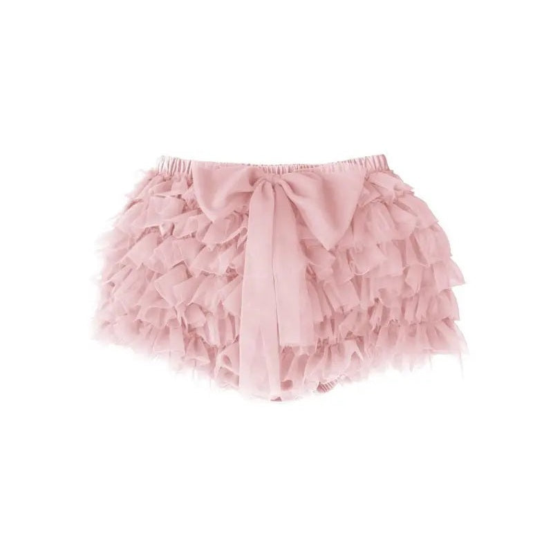 Dolly by Le Petit Tom Frilly Tutu Bloomer in rose pink tied with a bow, ruffled layers shown.