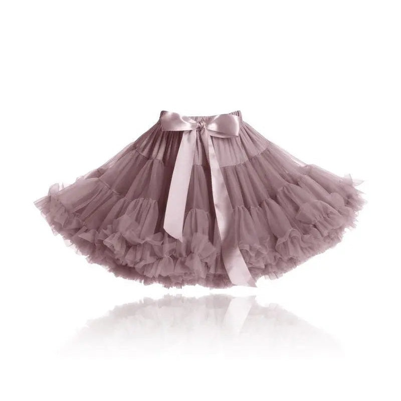 Dolly by Le Petit Tom Pettiskirt Thumbelina Mauve; mauve tulle layers with pink satin bow tied at the waist.