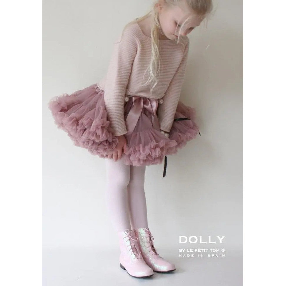 Dolly By Le Petit Tom Thumbelina Mauve Pettiskirt: a girl twirls in pink tulle tutu with satin ribbon bow.