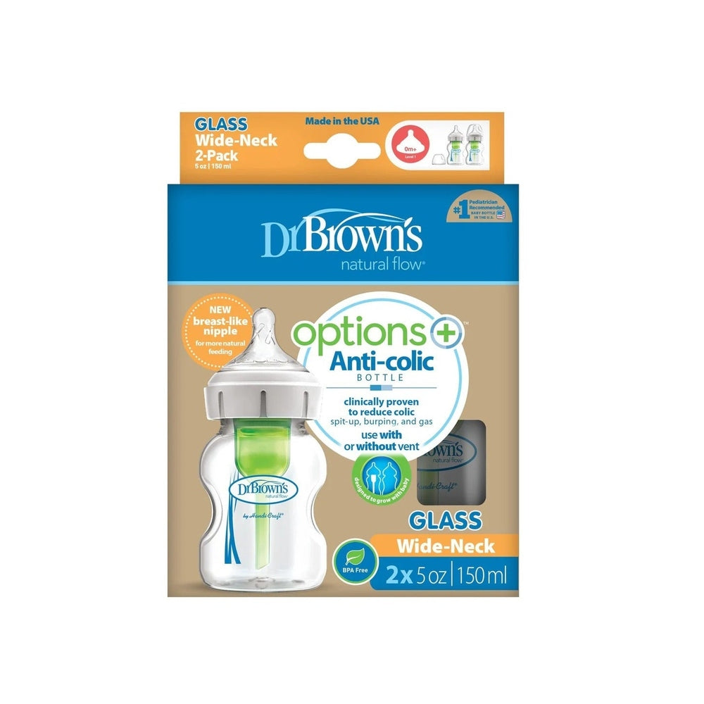 Dr. Brown's Anti-colic Options+ Glass Wide-Neck Baby Bottle in Clear Glass with Green Vent Insert, 2-Pack 5oz/150ml