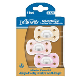 Dr. Brown's Advantage One-Piece Silicone Pacifiers 0–6 Months 3-Pack – Pink/Purple/Ecru