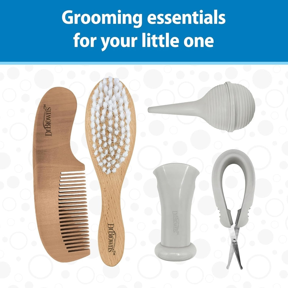 DR. BROWN'S Dr. Brown's Baby Care Essentials 5-Piece Kit wooden comb and brush with gray nasal aspirator and clippers img 5/8