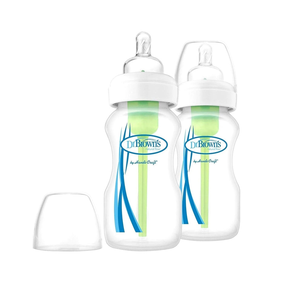 Dr. Brown's Glass Wide-Neck Anti-colic Options+ Baby Bottle in Clear with green vent tube and blue accents (pair)