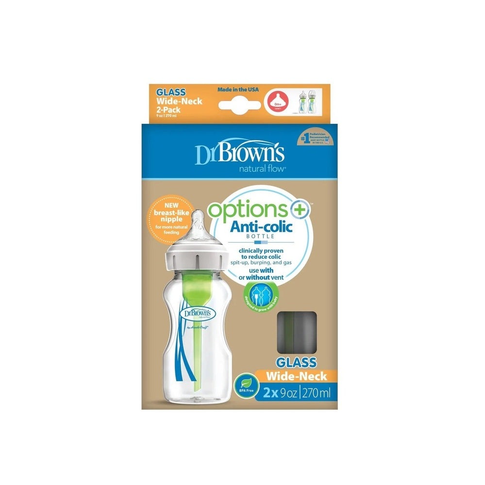 Dr. Brown's Glass Wide-Neck Anti-colic Options+ Bottle in Clear 9oz/270ml (2-pack)