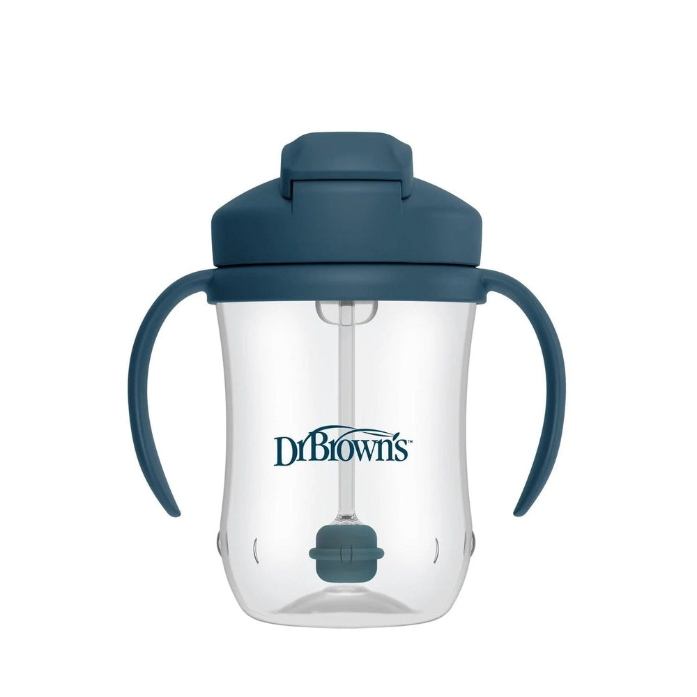 DR. BROWN'S Dr. Brown's Milestones Baby's First Straw Cup 9oz/270ml clear body with teal handles and flip-top weighted straw img 9/14