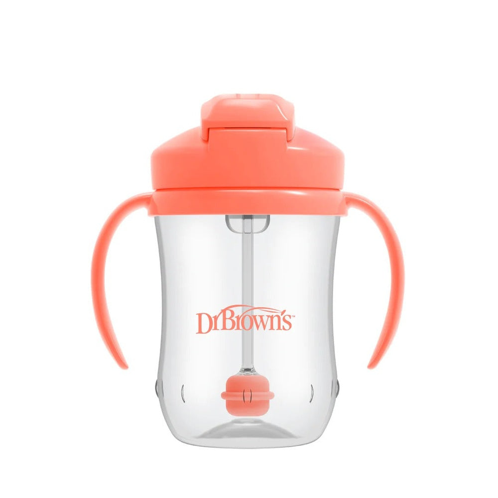 DR. BROWN'S Dr. Brown's Milestones Baby's First Straw Cup 9oz/270ml coral flip-top lid with weighted straw and curved handles img 11/14