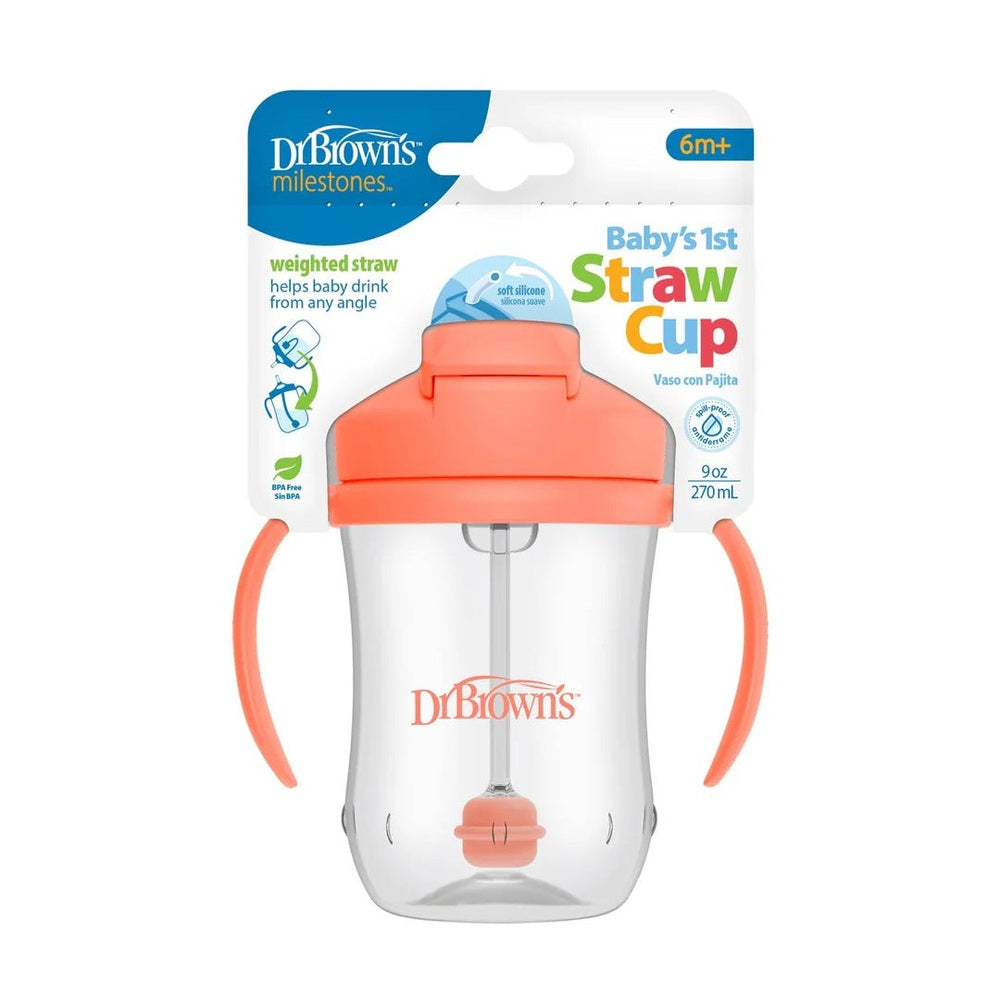 DR. BROWN'S Dr. Brown's Milestones Baby's First Straw Cup 9oz/270ml Coral handles and lid with clear body showing weighted straw img 12/14