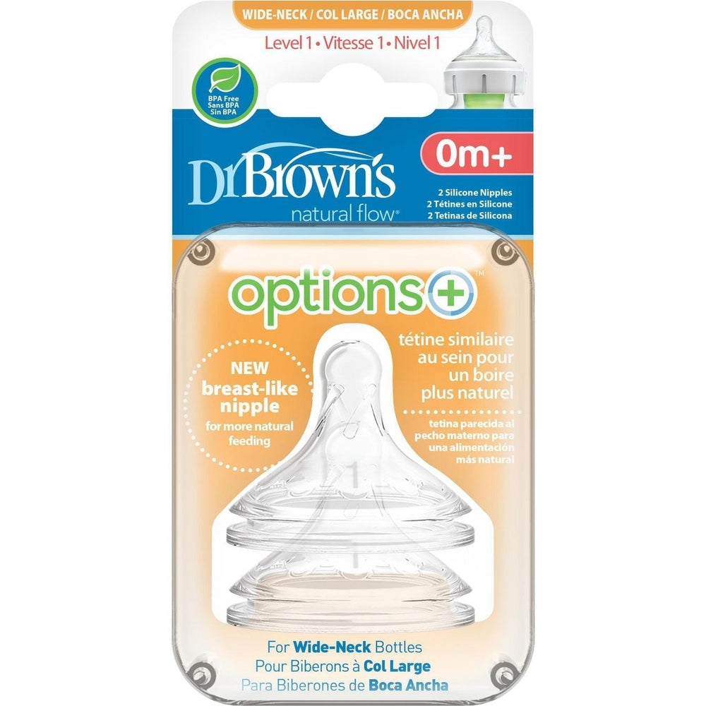 Dr. Brown's Natural Flow Options+ Silicone Wide-Neck Nipple 2-Pack in Clear front view