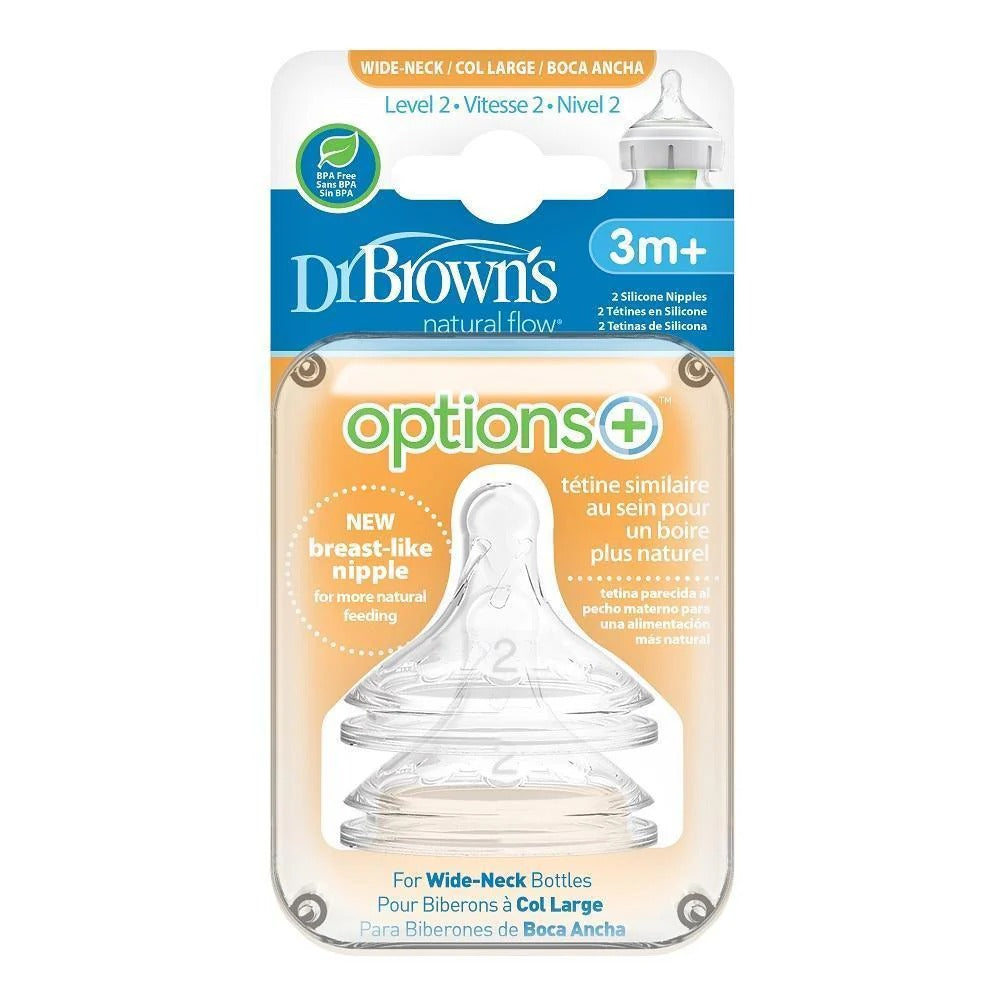 Dr. Brown's Natural Flow Options+ Silicone Wide-Neck Nipple 2-Pack in Clear
