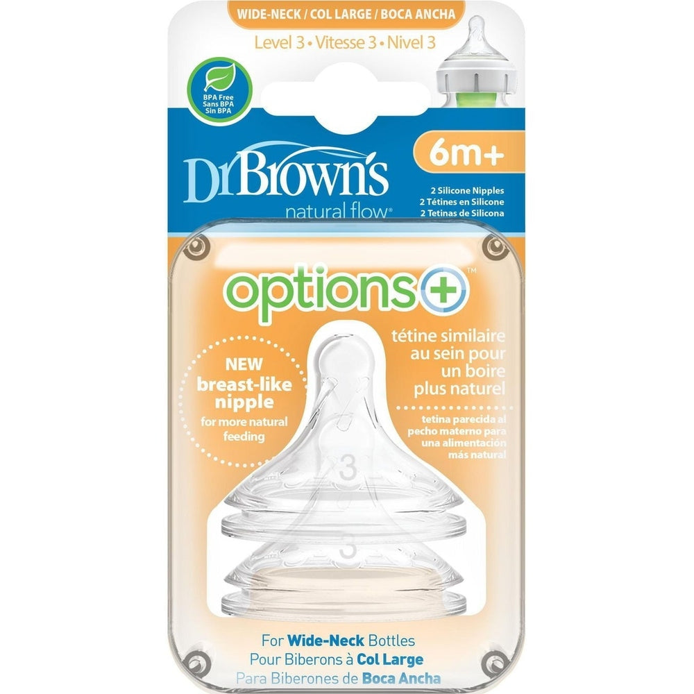 Dr. Brown's Natural Flow Options+ Silicone Wide-Neck Nipple 2-Pack in Clear