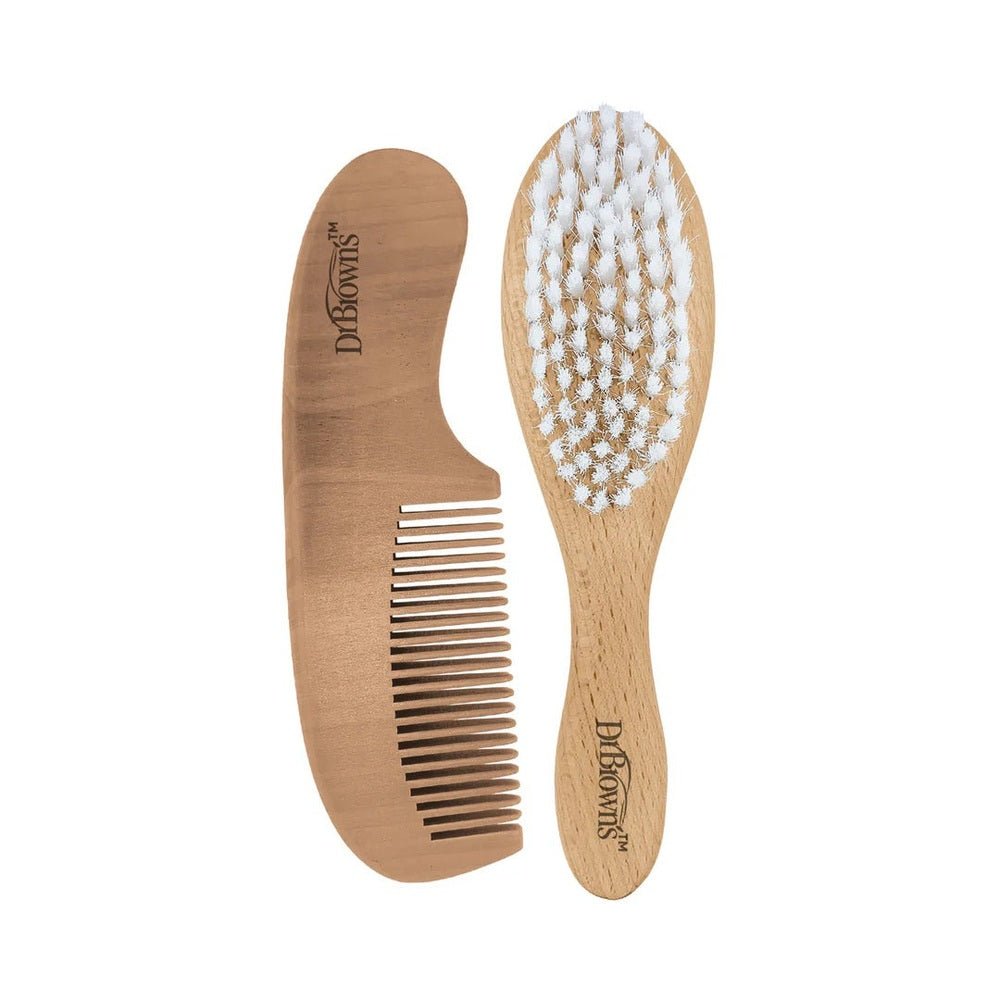 DR. BROWN'S Dr. Brown's Soft and Safe Baby Brush + Comb wooden set with curved handle comb and oval bristle brush img 1/3