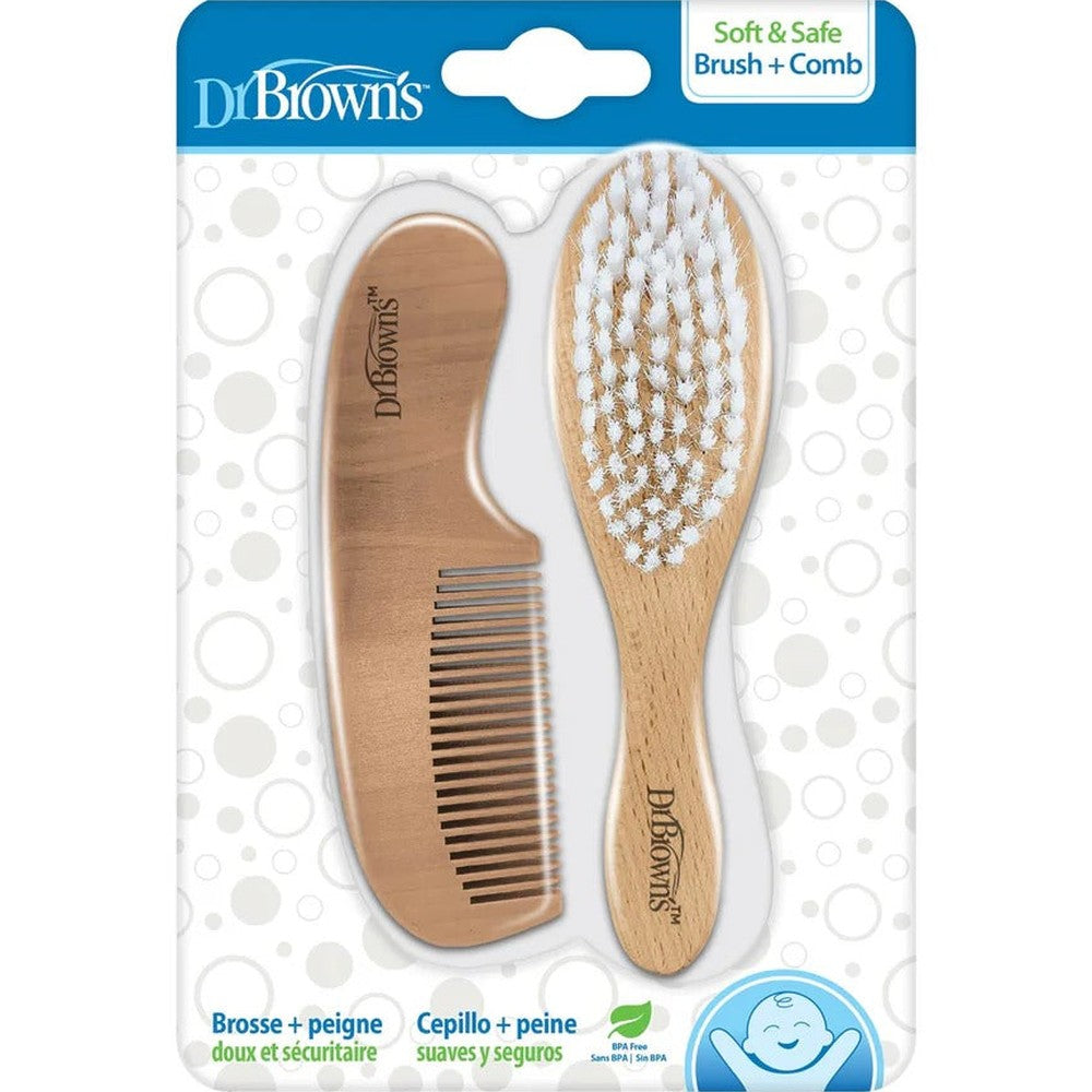 DR. BROWN'S Dr. Brown's Soft and Safe Baby Brush + Comb wooden with curved handle comb and oval white bristle brush img 3/3