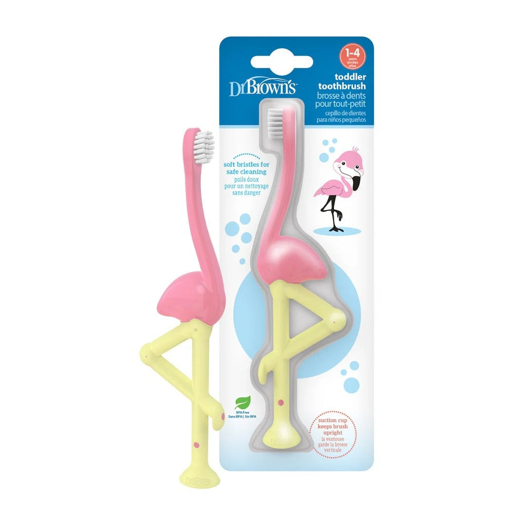 DR. BROWN'S Dr. Brown's Toddler Toothbrush 1-Pack flamingo-shaped with suction cup base and triangular leg stand img 1/9