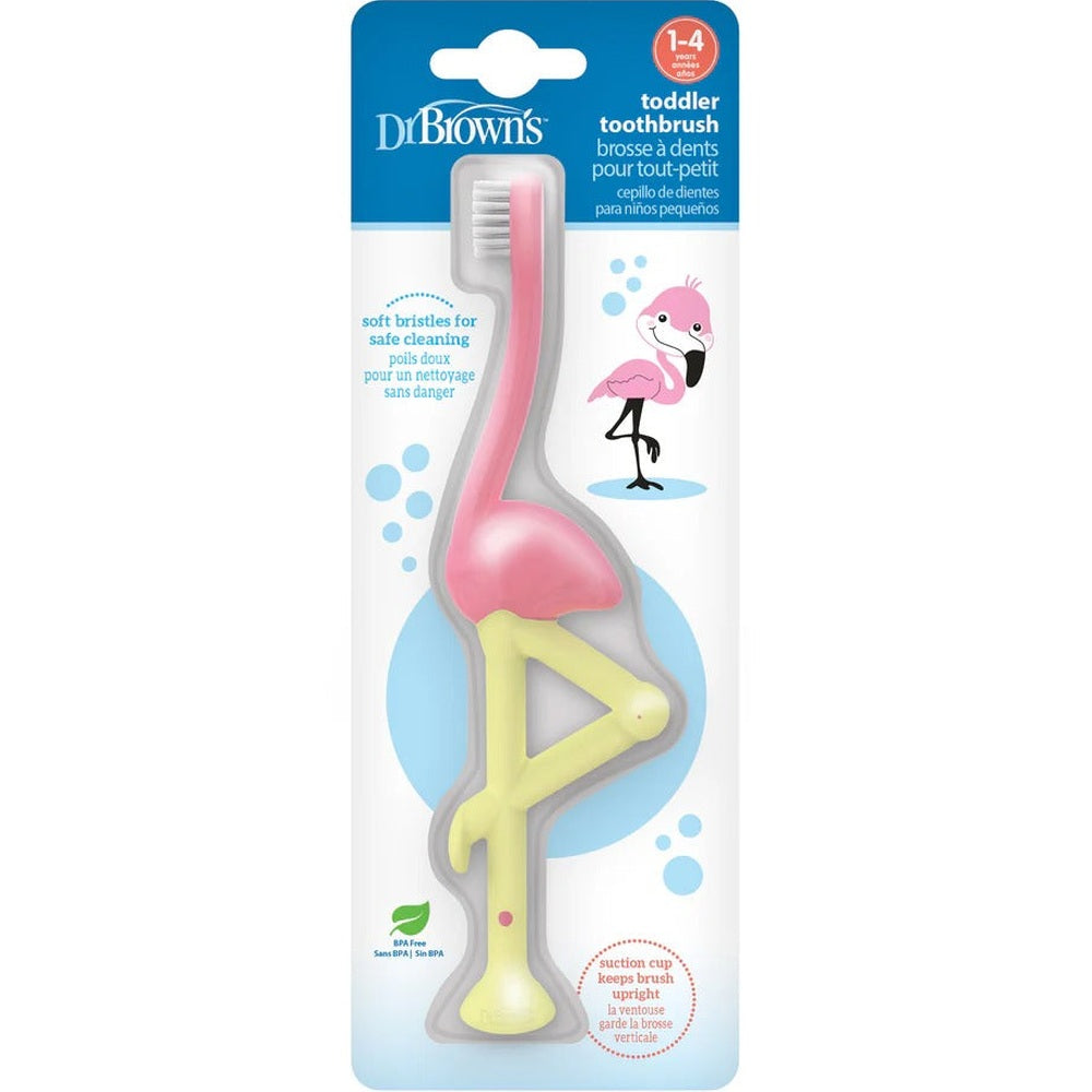 DR. BROWN'S Dr. Brown's Toddler Toothbrush 1-Pack Flamingo-themed with curved handle and suction cup base img 8/9