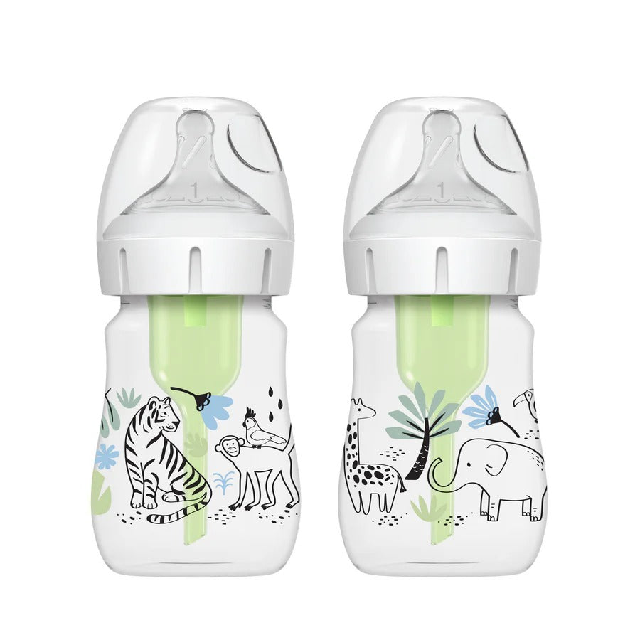 DR. BROWN'S Dr. Brown's Wide Neck Anti-Colic Options Bottle 2-Pack 5 oz/150 ml safari animal graphics with visible green internal img 1/8
