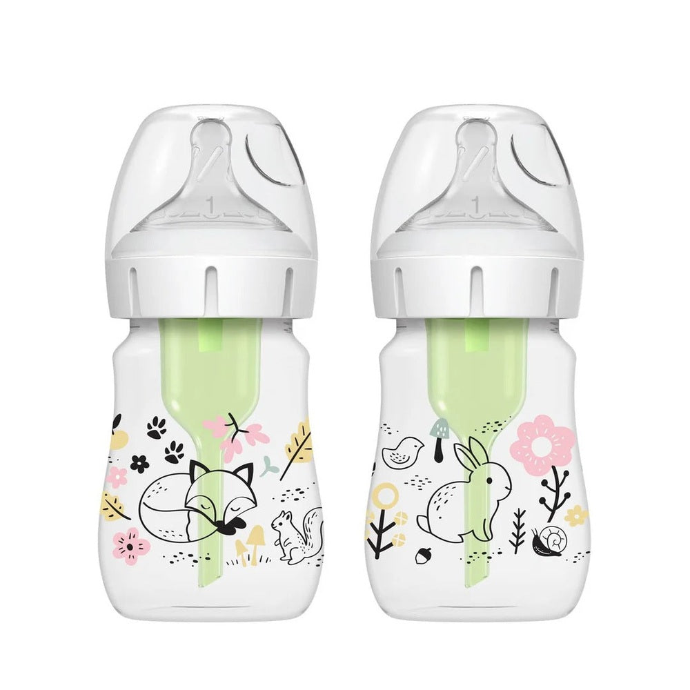 DR. BROWN'S Dr. Brown's Wide Neck Anti-Colic Options Bottle 2-Pack 5 oz/150 ml Woodland animal and floral pattern with green liquid img 2/8