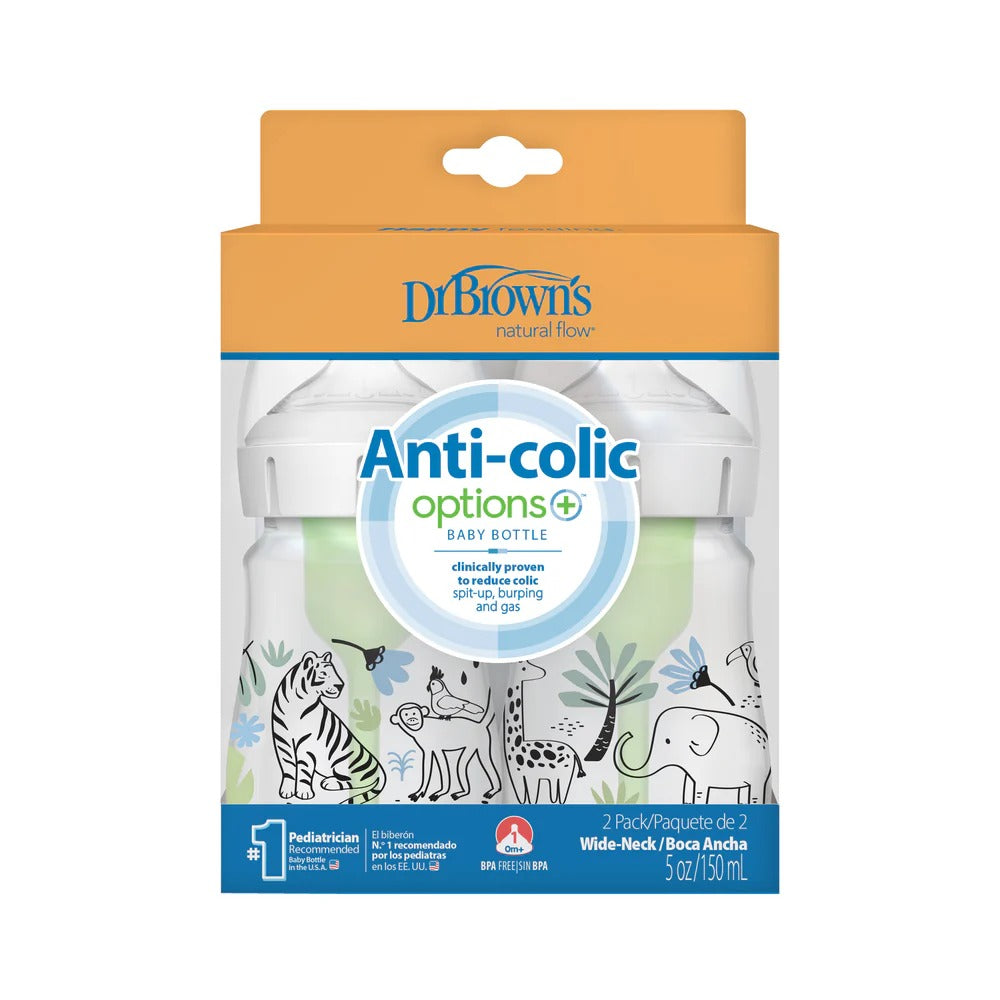 DR. BROWN'S Dr. Brown's Wide Neck Anti-Colic Options Bottle 2-Pack 5 oz/150 ml Green grip sleeves with safari animal illustrated img 7/8