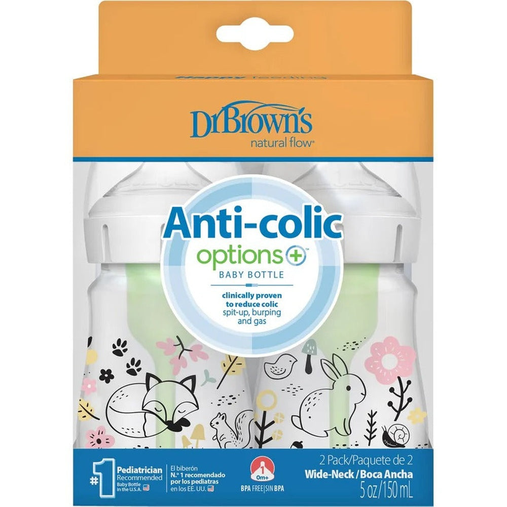 DR. BROWN'S Dr. Brown's Wide Neck Anti-Colic Options Bottle 2-Pack 5 oz/150 ml Woodland animal and floral pattern design img 8/8