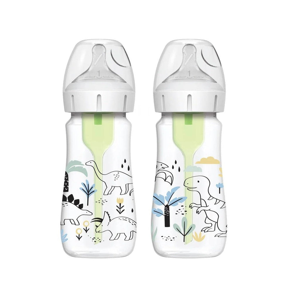 DR. BROWN'S Dr. Brown's Wide Neck Anti-Colic Options Bottle 2-Pack 9 oz/270 ml Dinosaur print with lime green internal vent system img 1/10