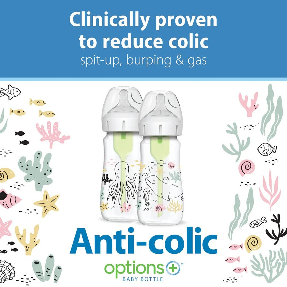 DR. BROWN'S Dr. Brown's Wide Neck Anti-Colic Options Bottle 2-Pack 9 oz/270 ml Underwater ocean theme with octopus and marine life img 6/10
