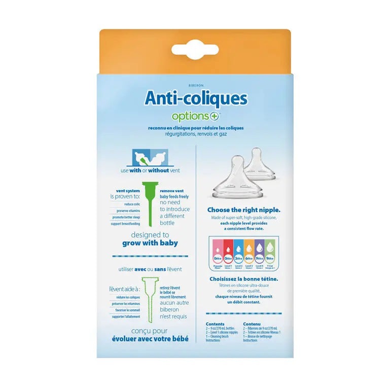 Dr. Brown's Wide Neck Anti-Colic Options Bottle 2-Pack 9 oz/270 ml, shown in blue packaging with two nipples