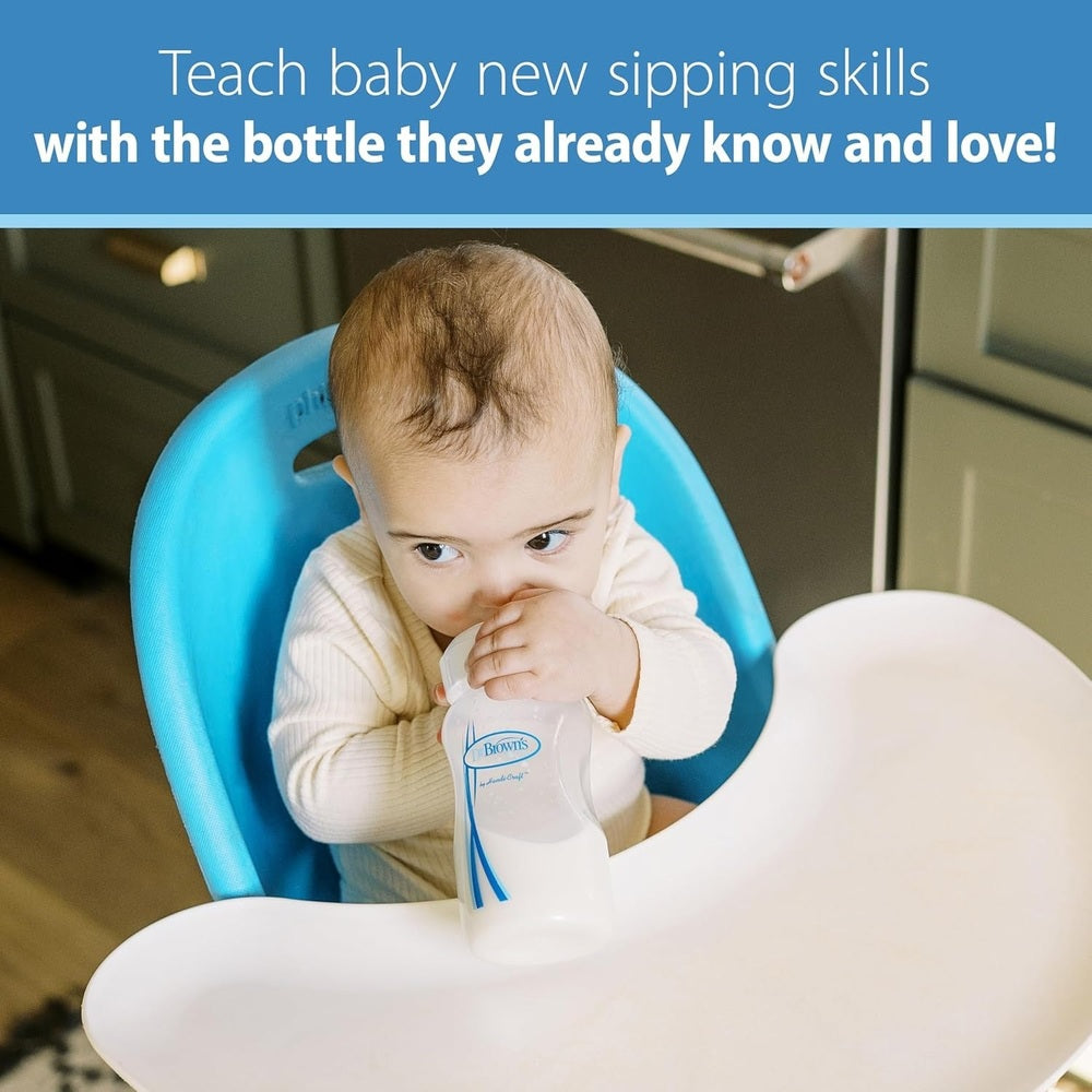 Dr. Brown's Wide-Neck Options+ Silicone Baby Bottle Sippy Spout 2-Pack in white with blue accents, baby in blue high chair.