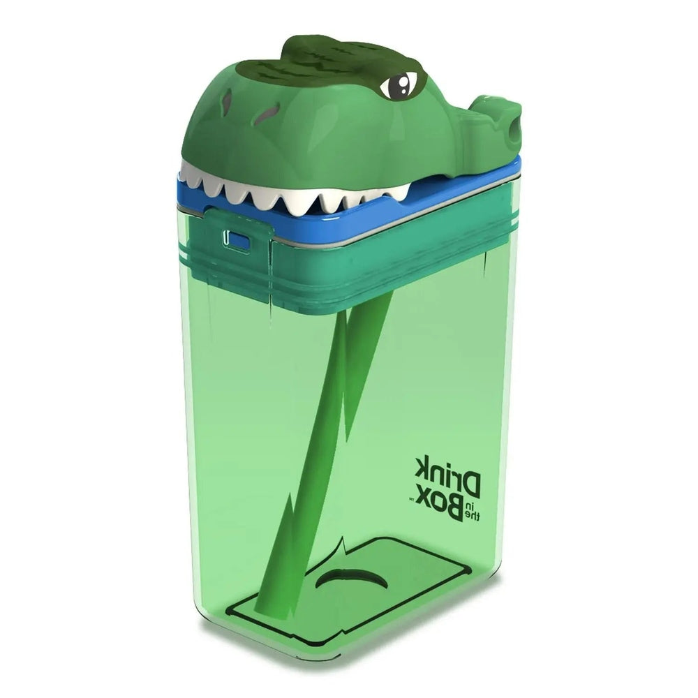 Drink In The Box Fun Tops dinosaur lid water bottle, green with blue accents and a dinosaur-head lid ready to pour