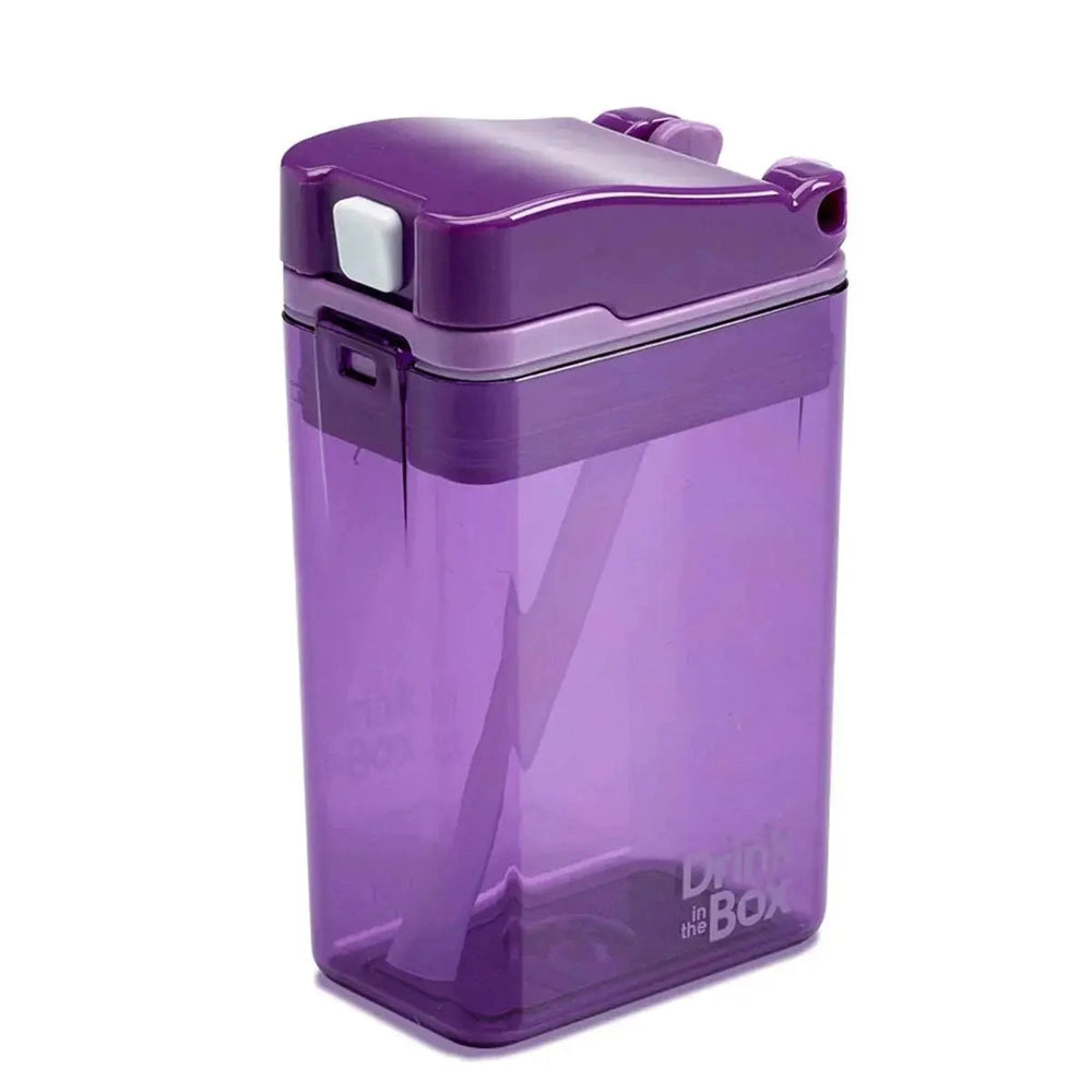 Drink In The Box purple translucent water bottle with white latch lid, standing upright.