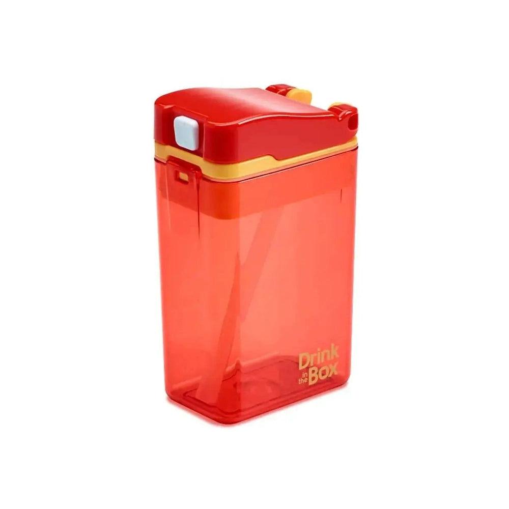 Drink In The Box water bottle, red translucent plastic with yellow lid and closed cap.