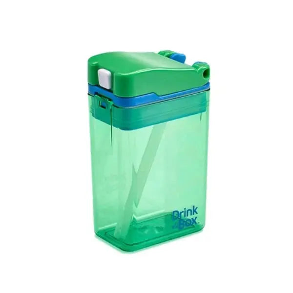 Drink In The Box water bottle in green translucent plastic with blue lid, strap slung across for easy carrying