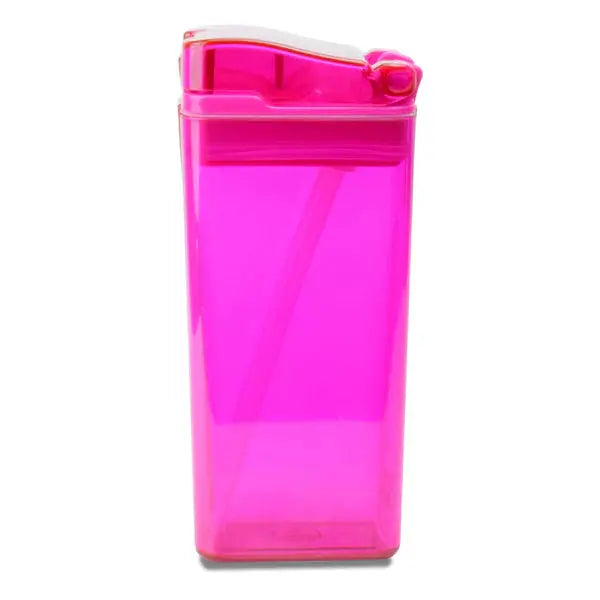 Drink In The Box pink translucent kids' water bottle with straw lid, upright with straw visible for sipping.