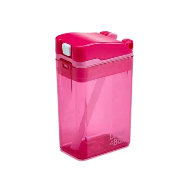 Drink In The Box pink translucent water bottle with white latch lid, snap-closed for leak protection