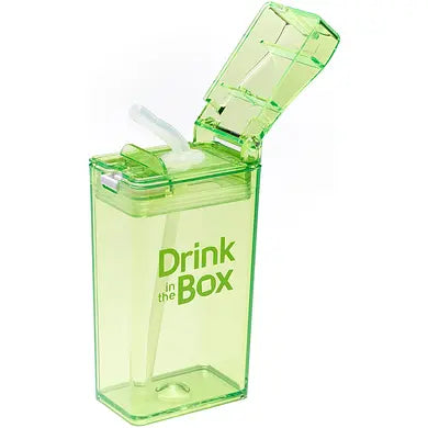 Drink In The Box lime green water bottle with open flip-top lid and clear body.
