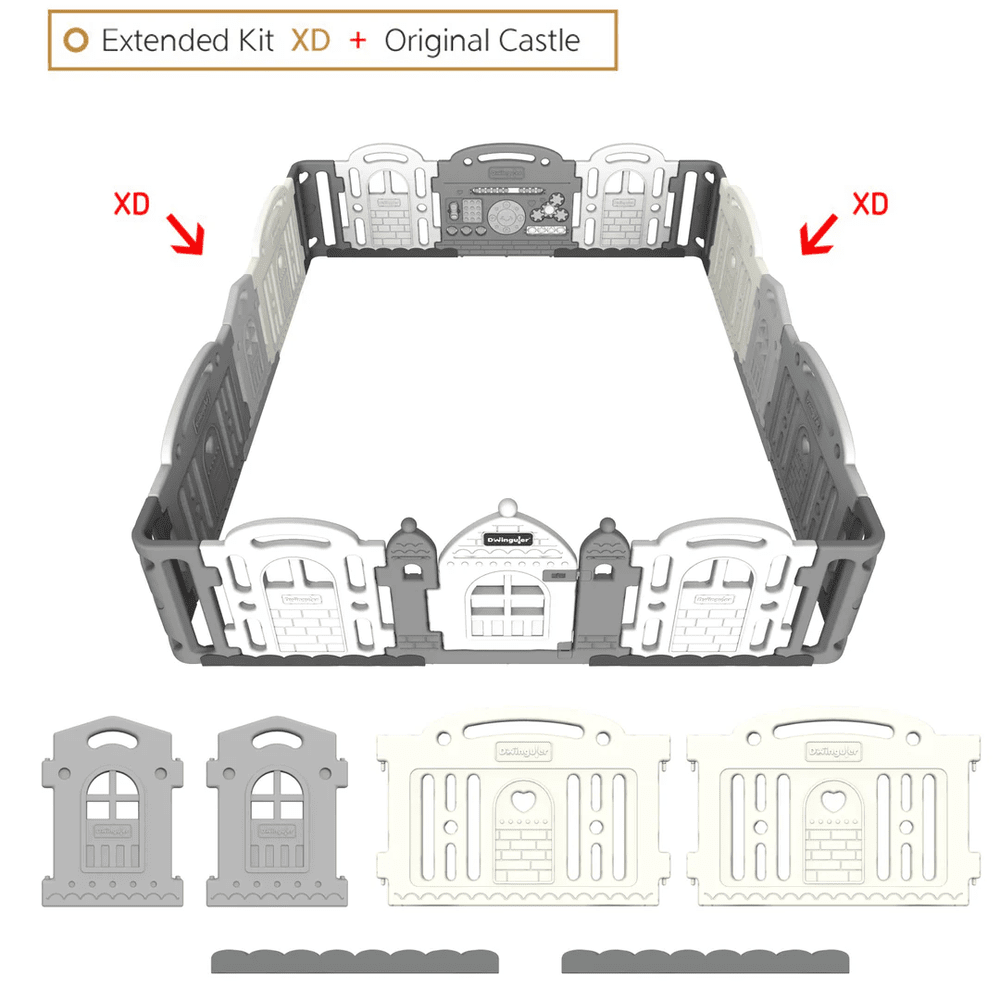 Dwinguler Castle extension set Downy Grey play yard panels and gates for baby play area